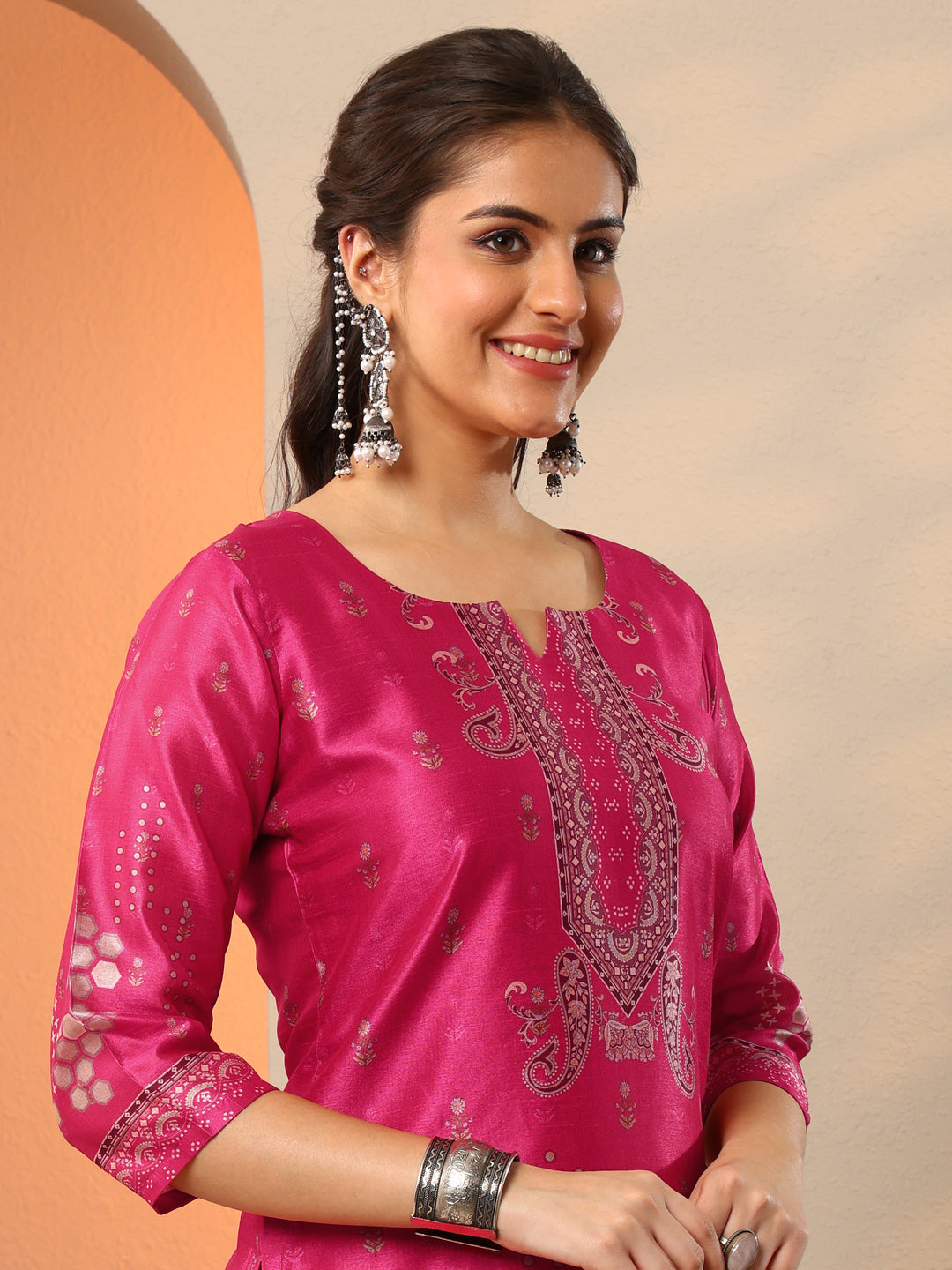  Pink Printed Silk Blend Straight Suit Set With Dupatta 
