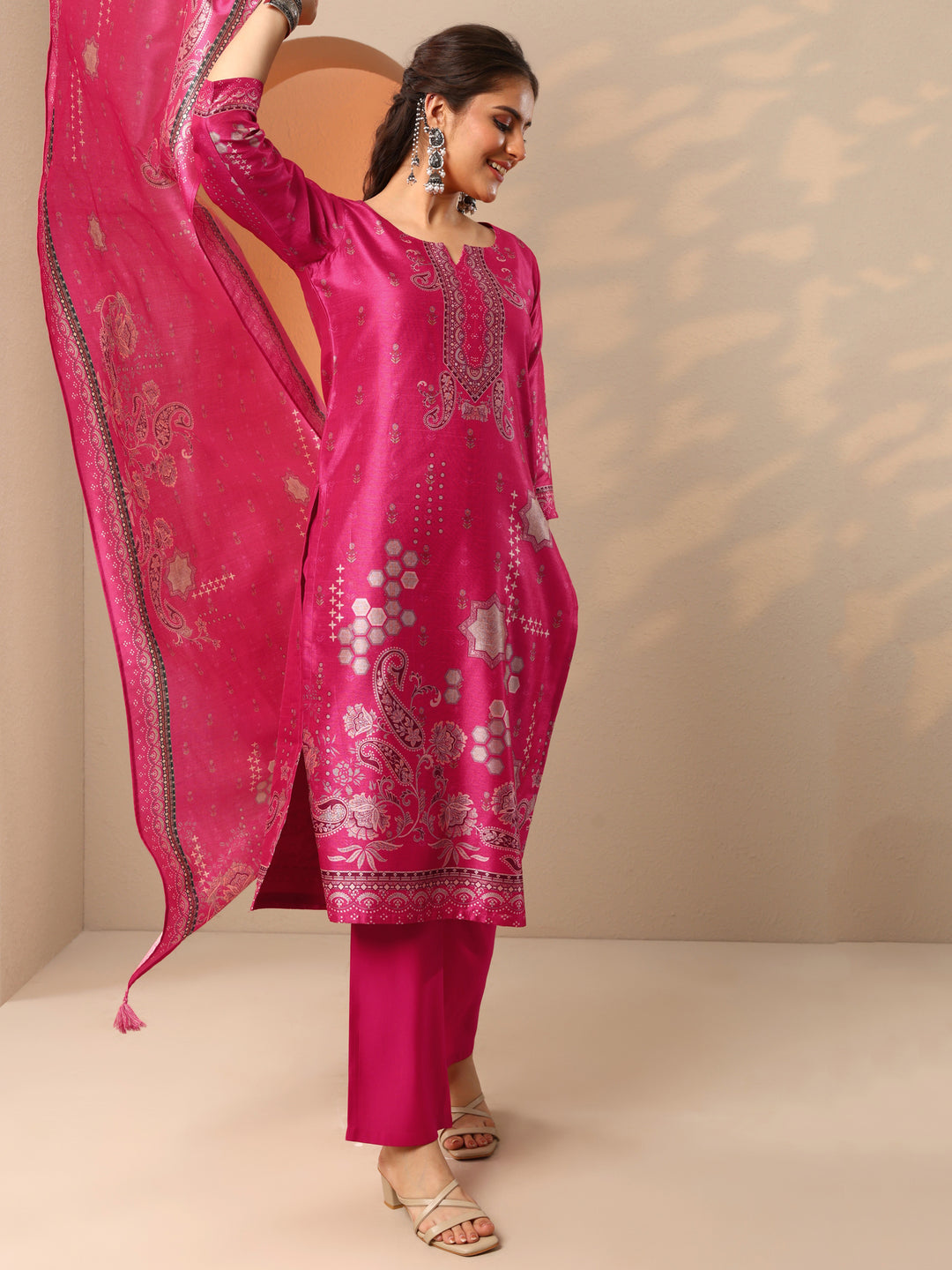  Pink Printed Silk Blend Straight Suit Set With Dupatta 