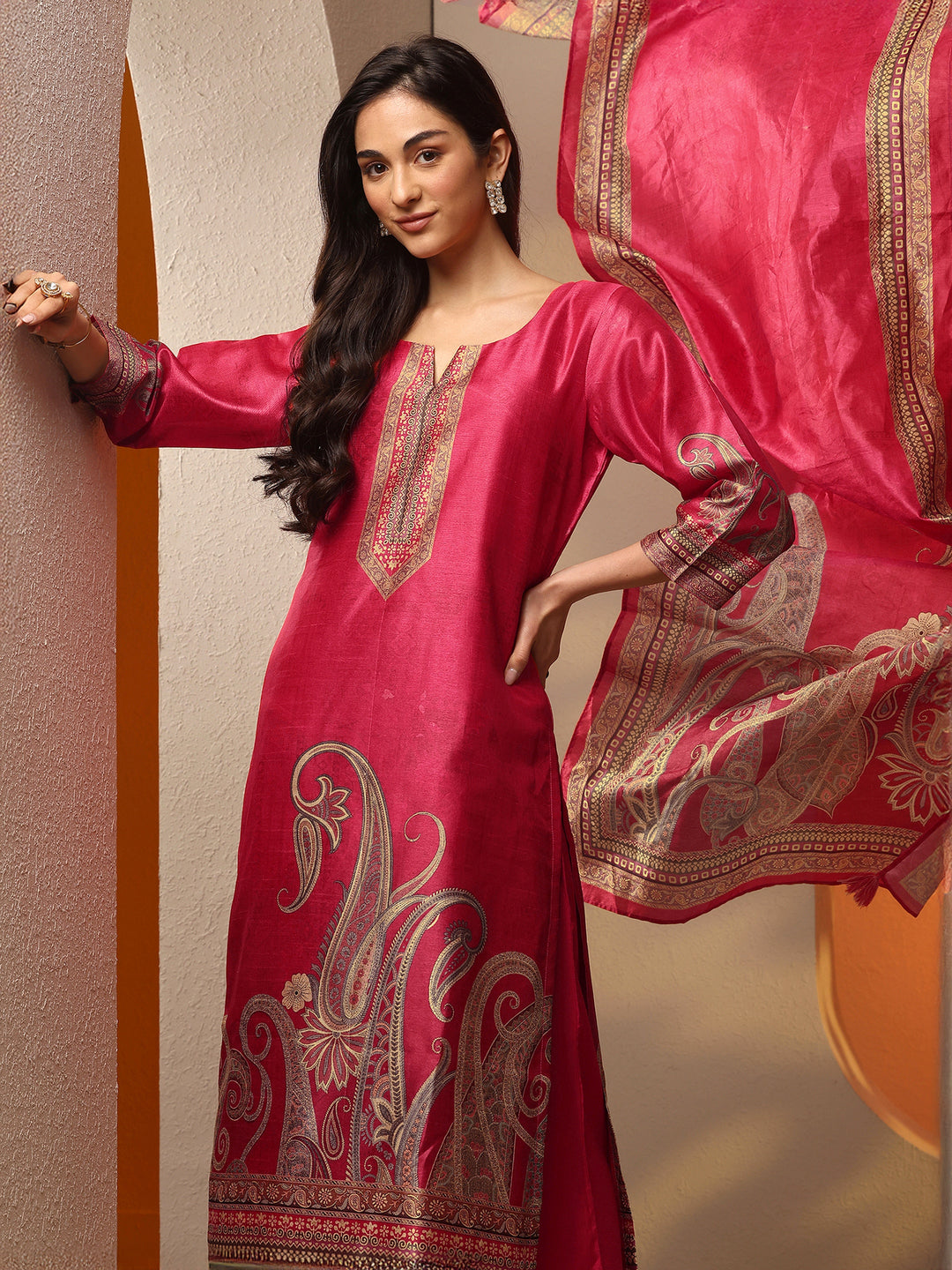  Pink Printed Silk Blend Straight Suit Set With Dupatta 