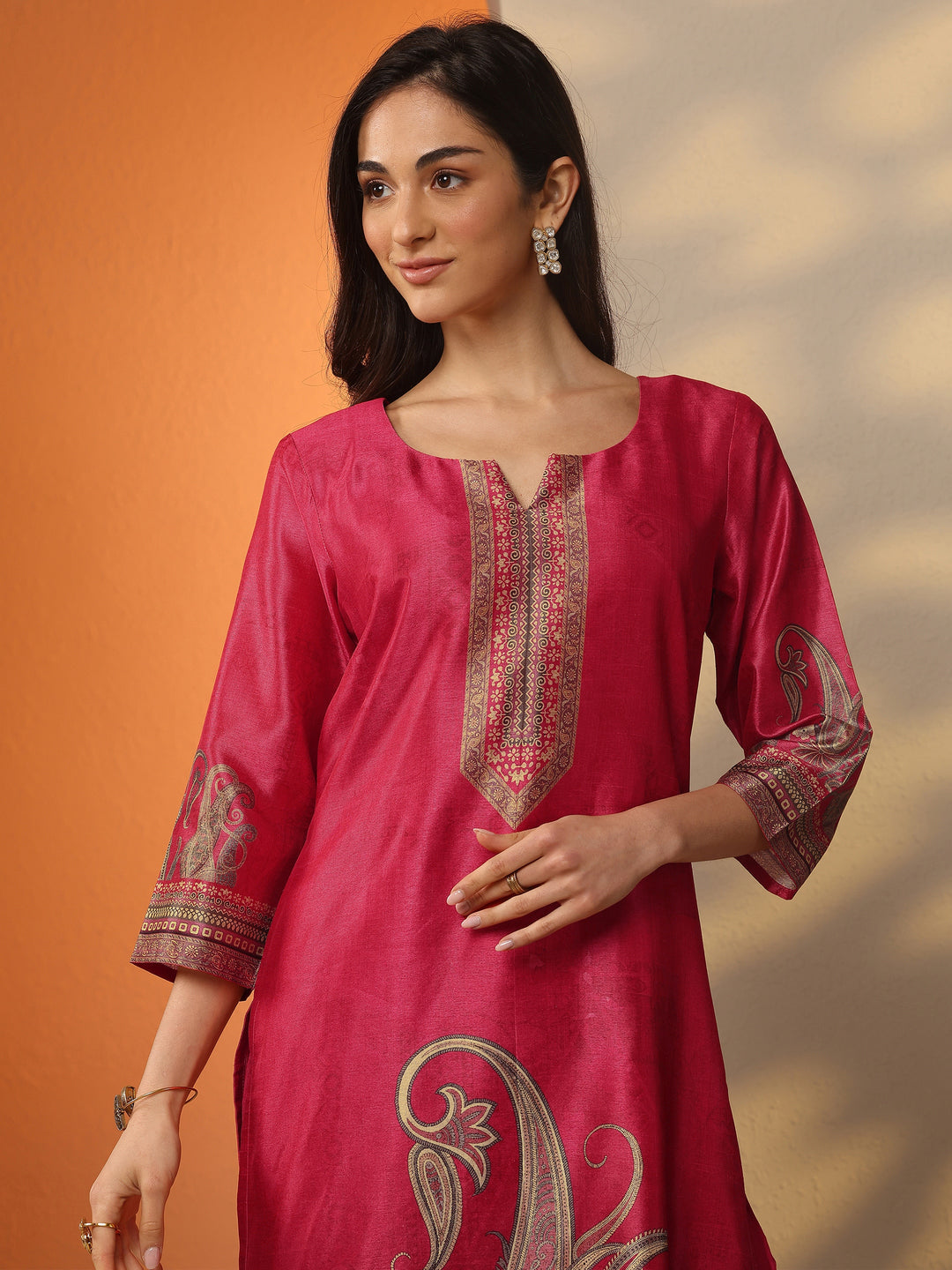  Pink Printed Silk Blend Straight Suit Set With Dupatta 