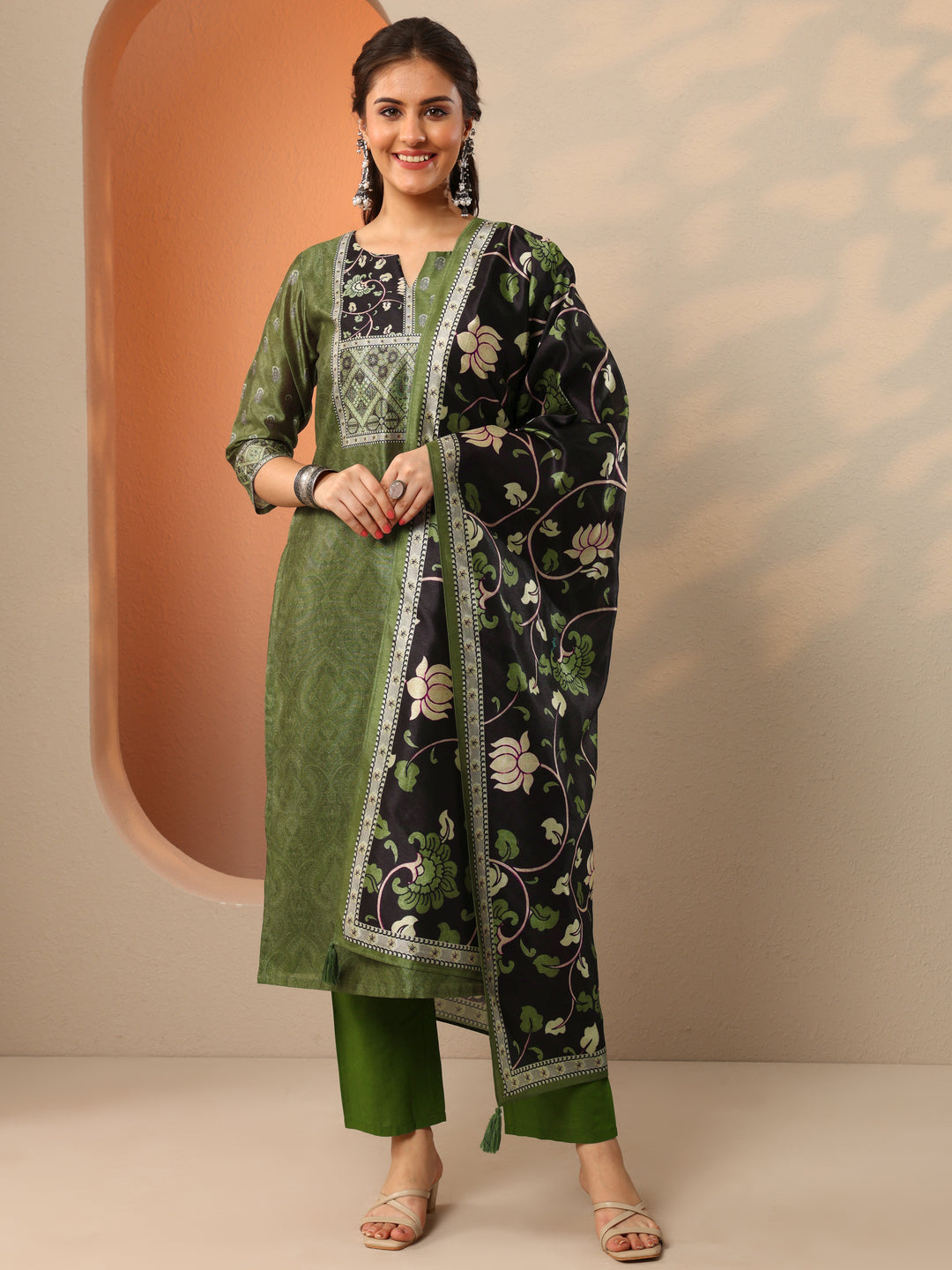  Green Woven Design Silk Blend Straight Suit Set With Dupatta 