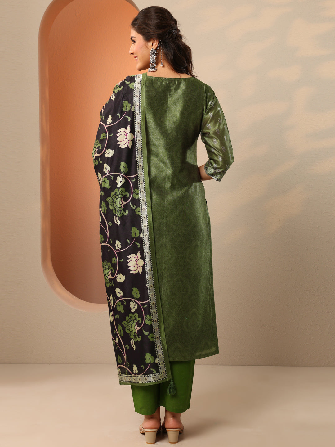  Green Woven Design Silk Blend Straight Suit Set With Dupatta 