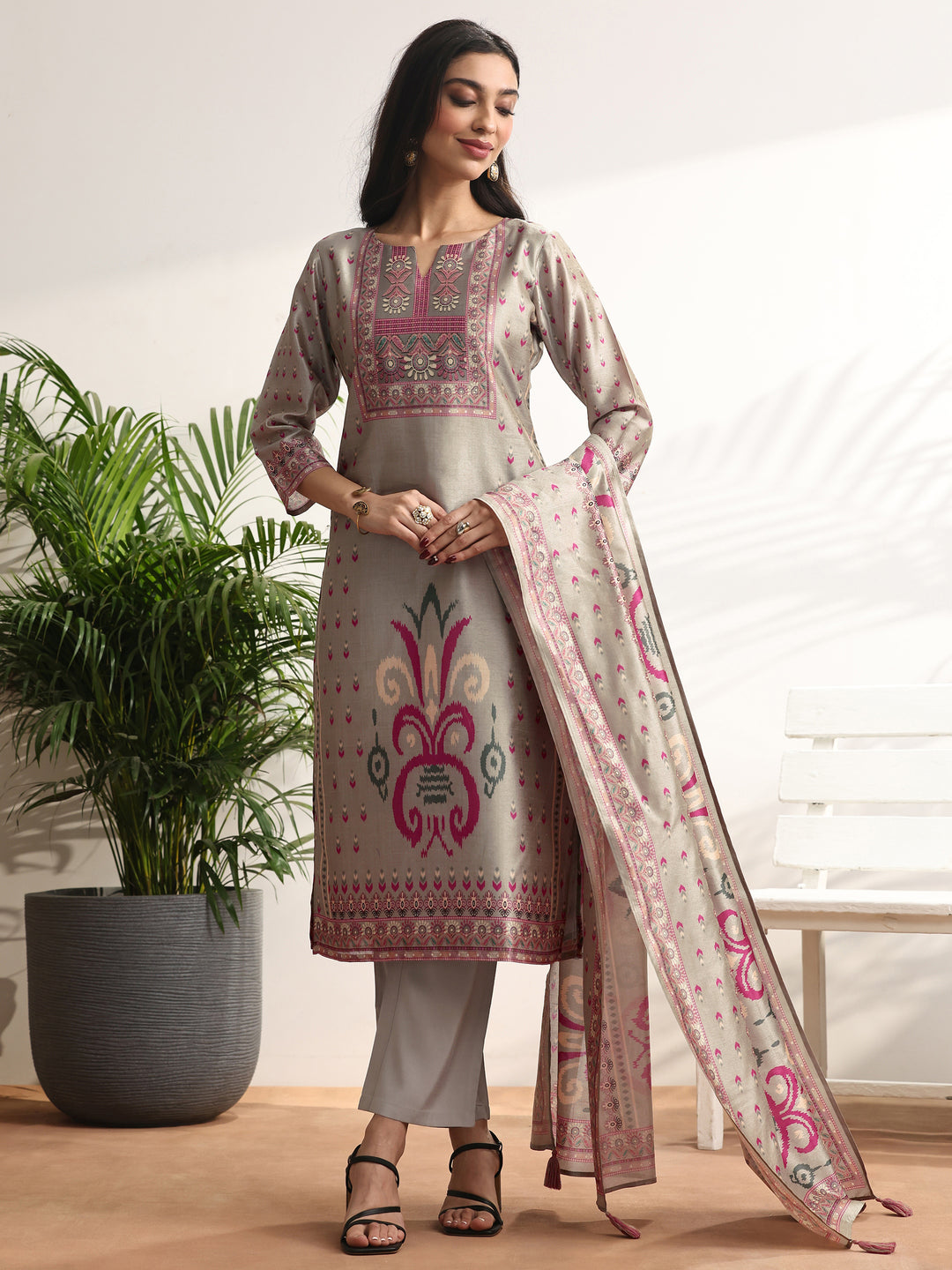  Grey Printed Silk blend Straight Suit Set With Dupatta 