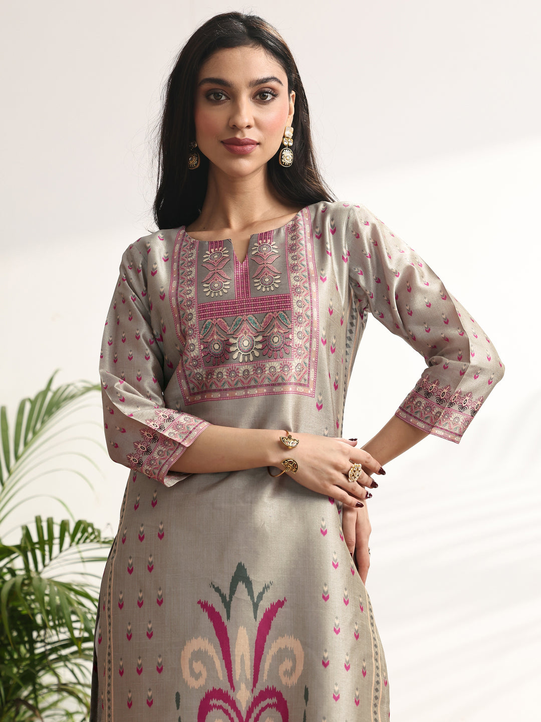  Grey Printed Silk blend Straight Suit Set With Dupatta 