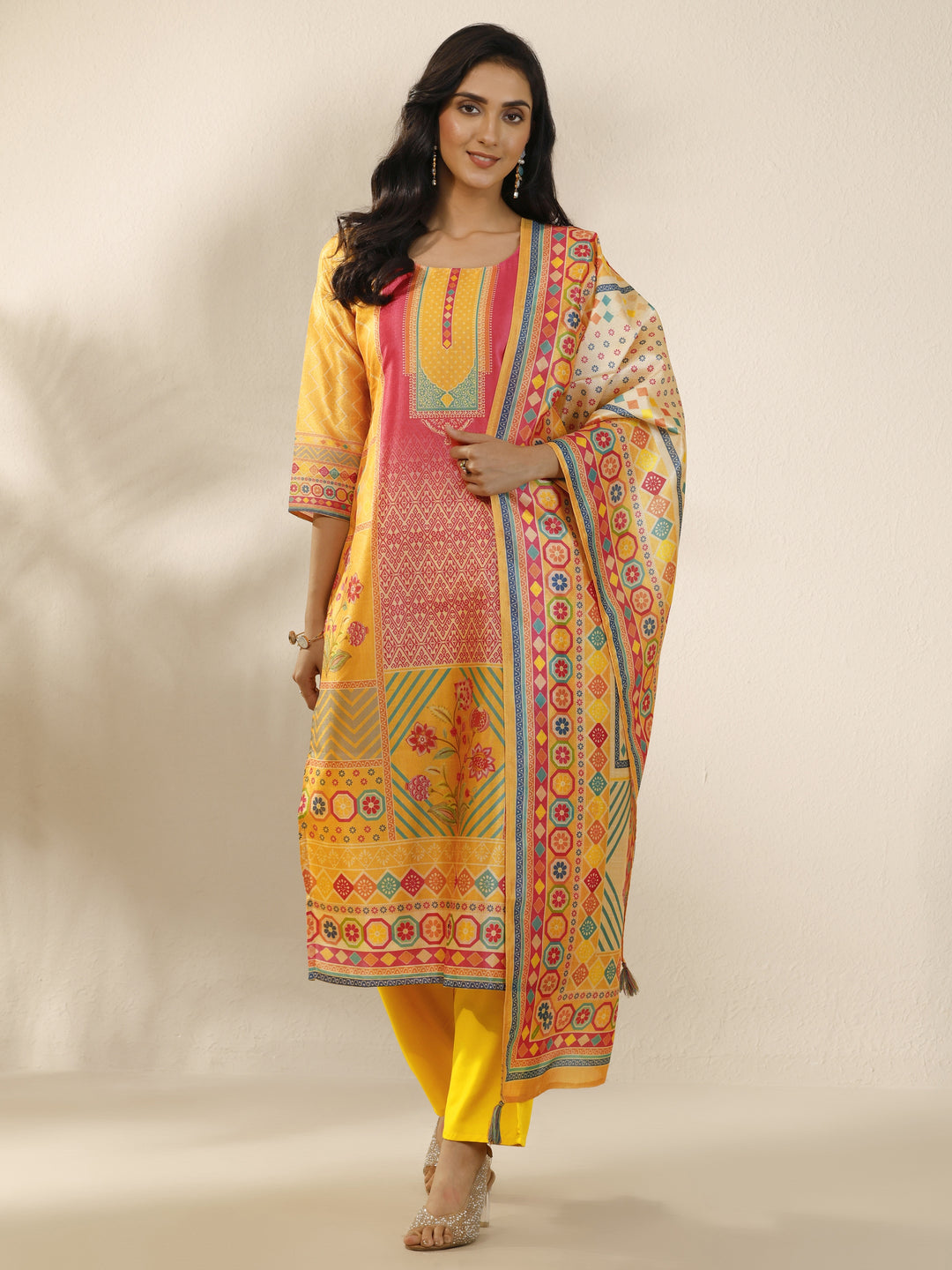  Mustard Printed Silk Blend Straight Suit Set With Dupatta 