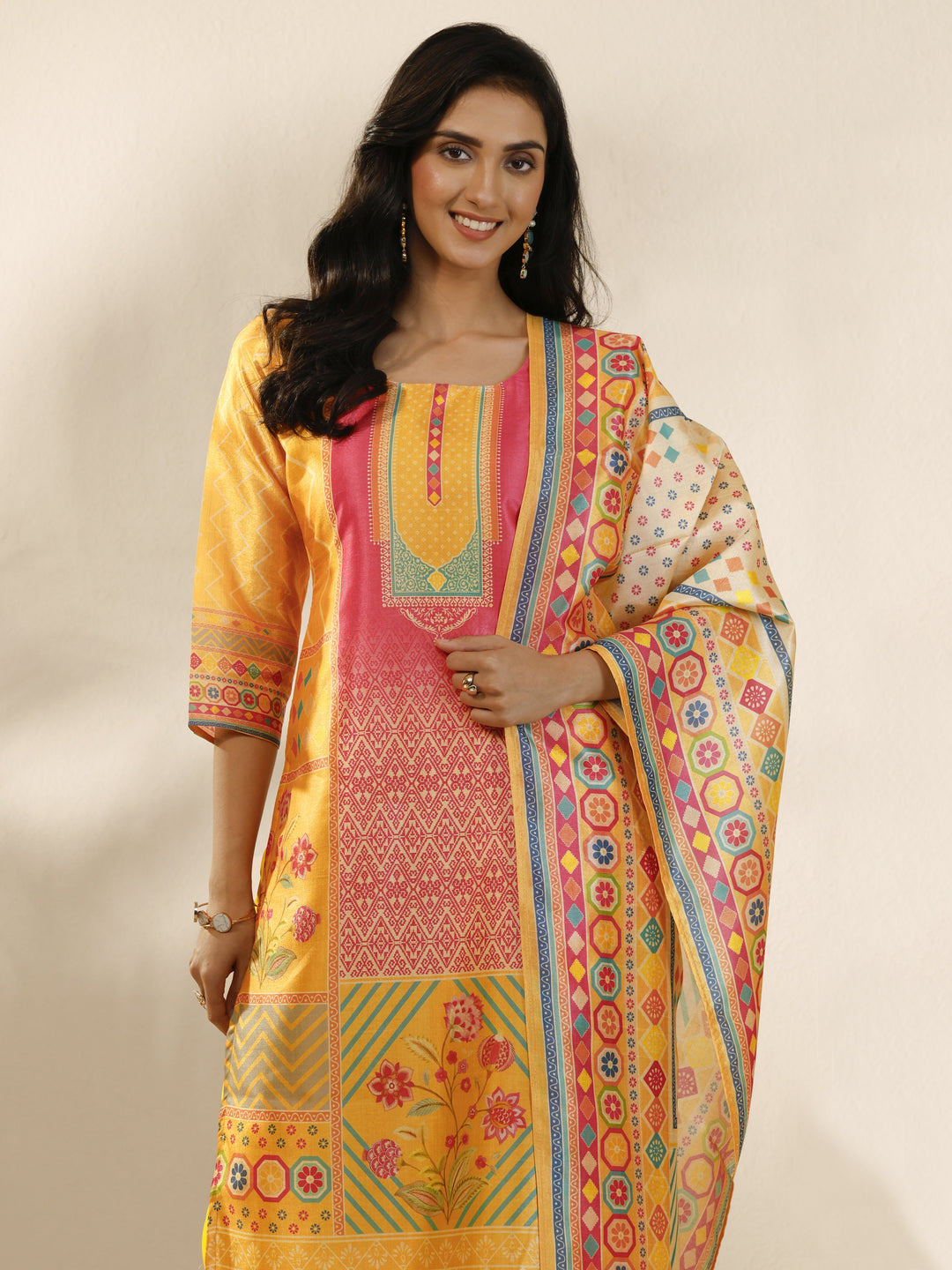  Mustard Printed Silk Blend Straight Suit Set With Dupatta 