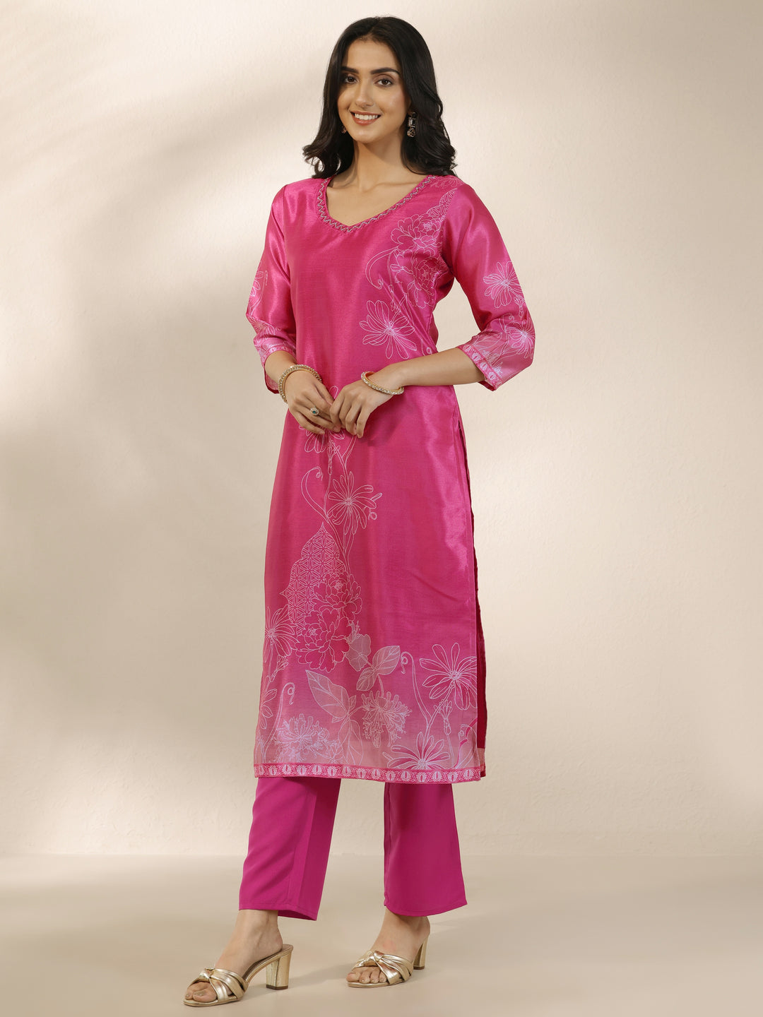  Pink Printed Silk Blend Straight Suit Set With Dupatta 