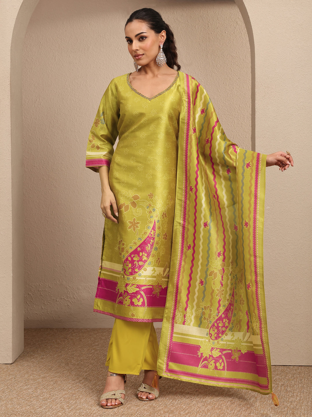 Mustard Printed Silk Blend Straight Suit Set With Dupatta 