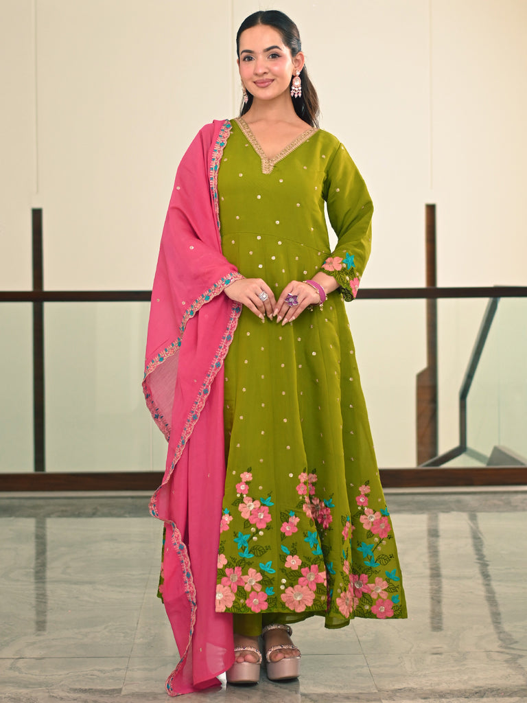 Libas Green Embroidered Silk Blend Anarkali Suit Set With Dupatta