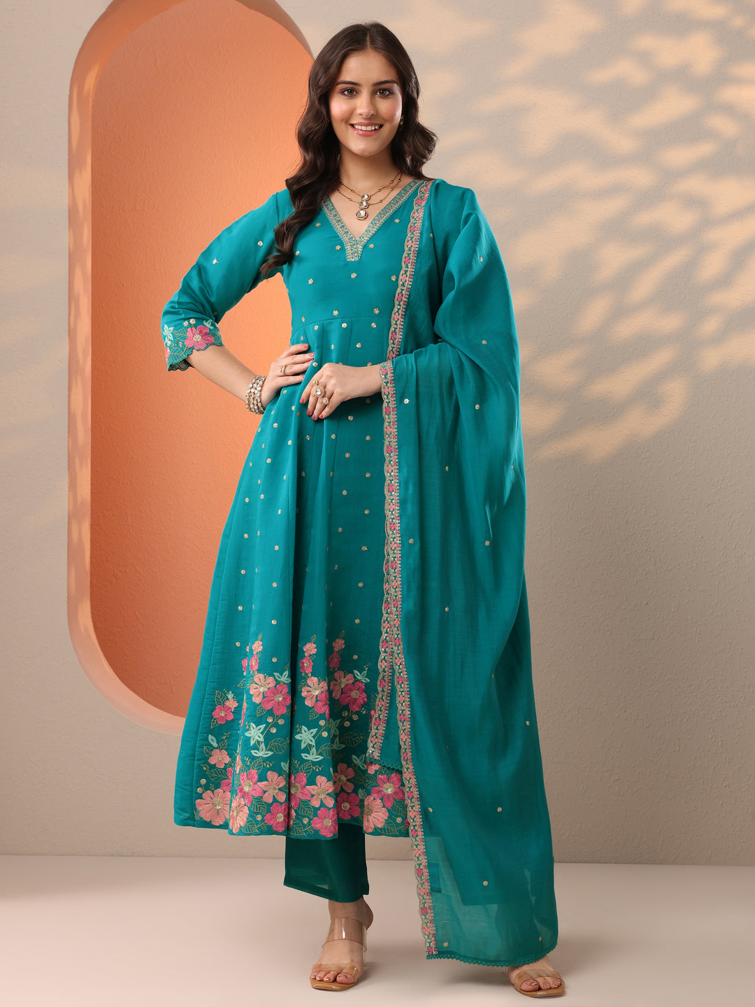  Blue Embroidered Silk Blend Straight Suit Set With Dupatta 