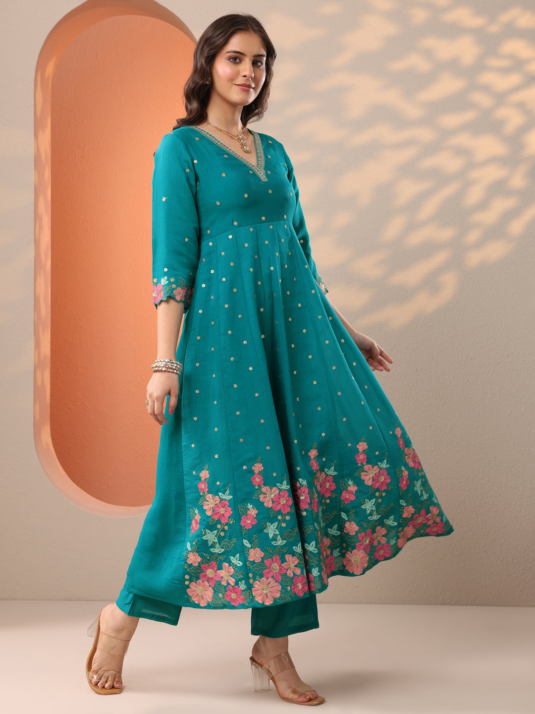  Blue Embroidered Silk Blend Straight Suit Set With Dupatta 