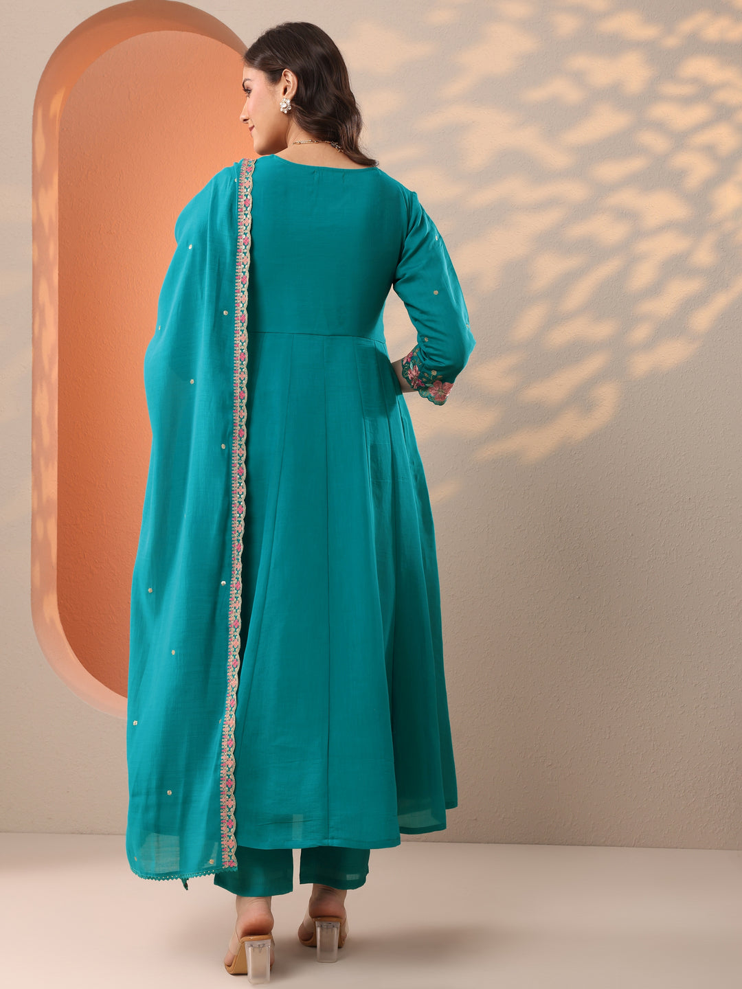  Blue Embroidered Silk Blend Straight Suit Set With Dupatta 