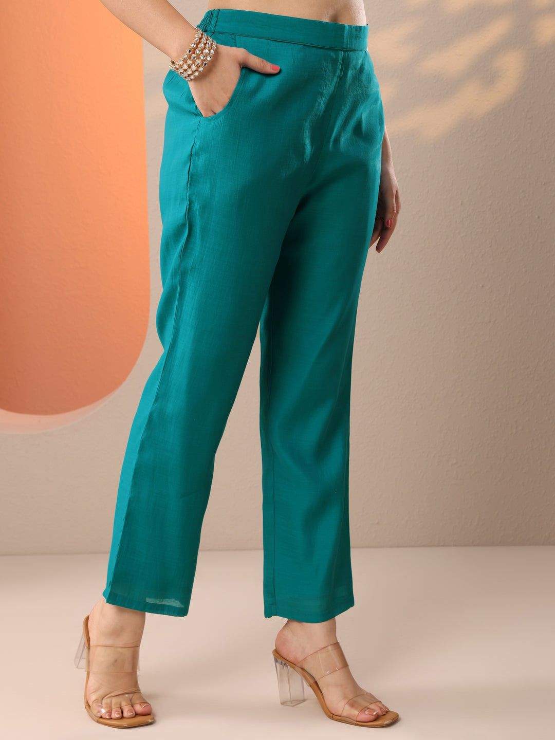  Blue Embroidered Silk Blend Straight Suit Set With Dupatta 