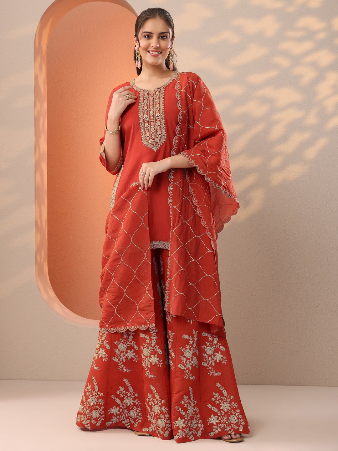  Rust Embroidered Silk Blend Straight Suit Set With Dupatta 