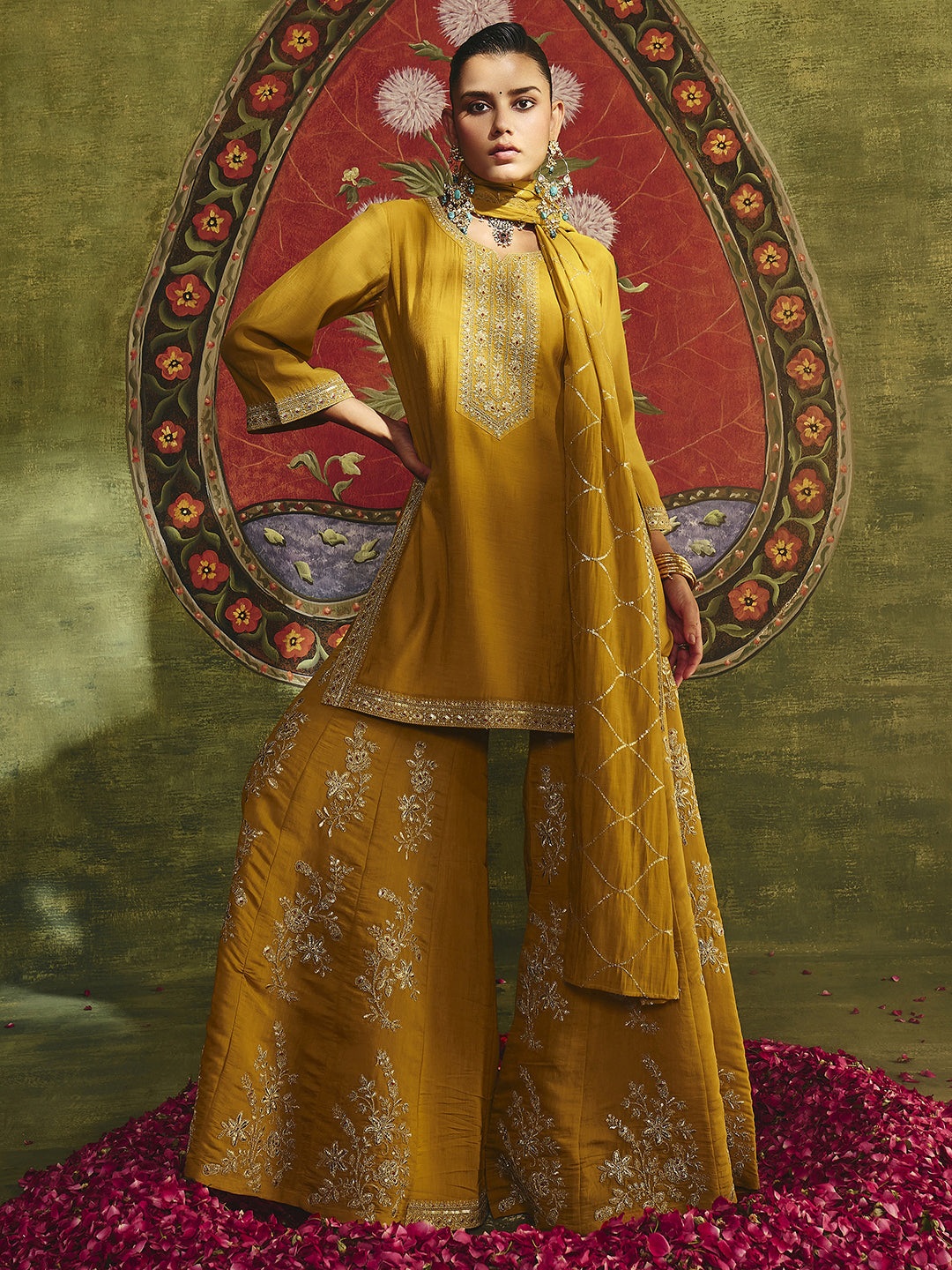 libas Damini Mustard Embroidered Silk Blend Straight Suit Set With Dupatta-picture-33