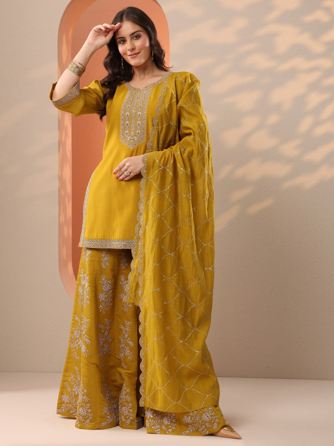  Damini Mustard Embroidered Silk Blend Straight Suit Set With Dupatta 