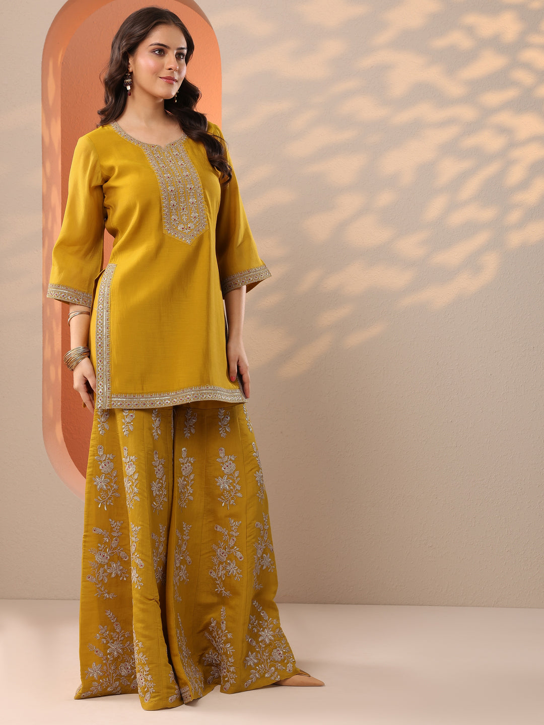  Damini Mustard Embroidered Silk Blend Straight Suit Set With Dupatta 