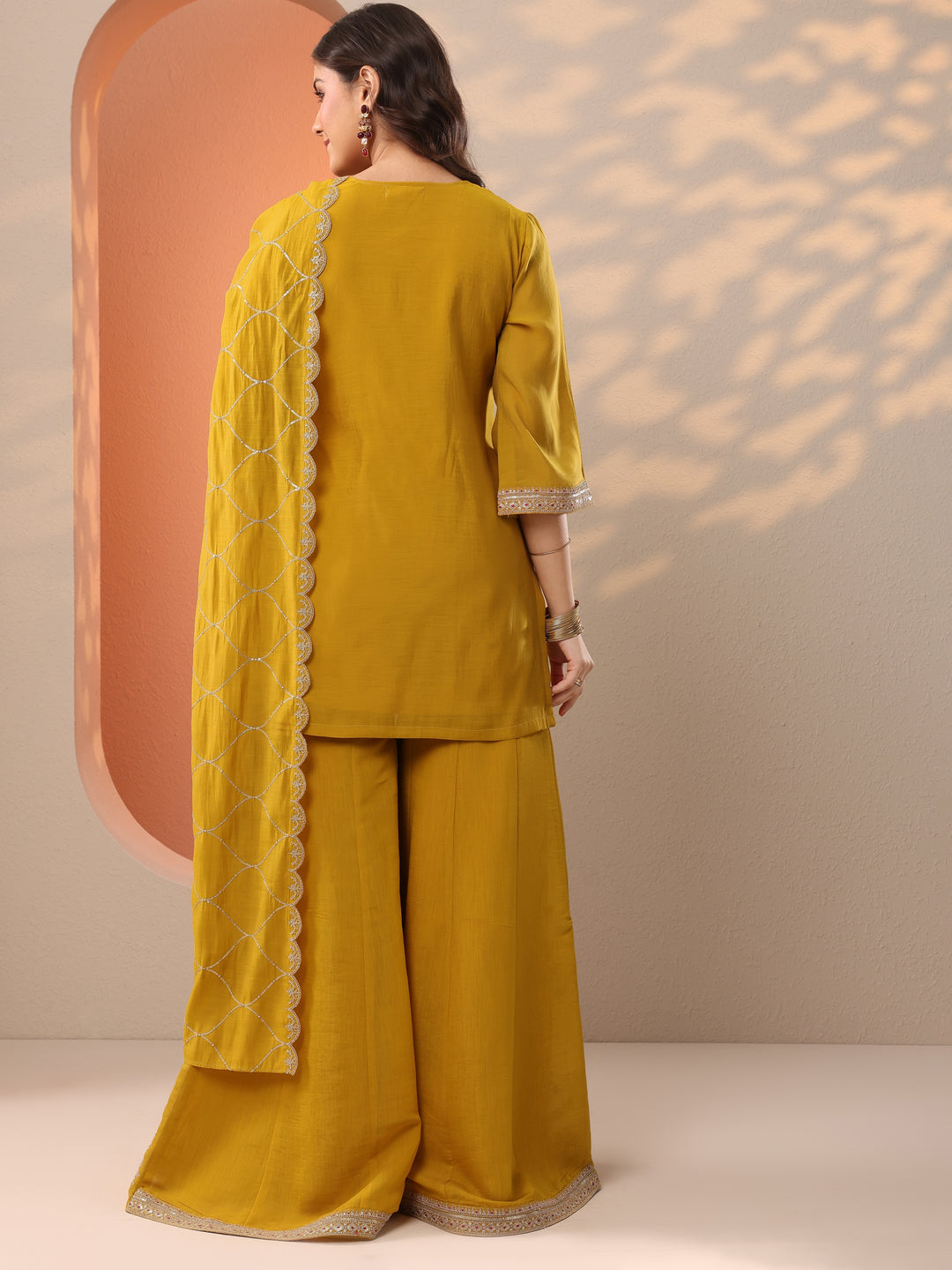  Damini Mustard Embroidered Silk Blend Straight Suit Set With Dupatta 