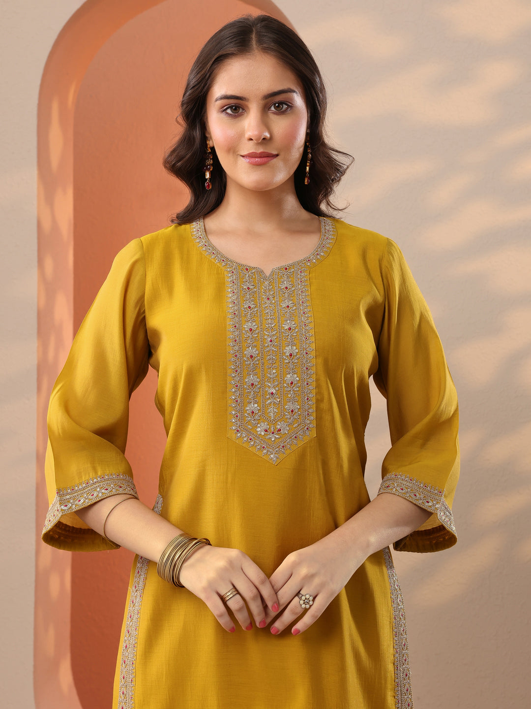  Damini Mustard Embroidered Silk Blend Straight Suit Set With Dupatta 