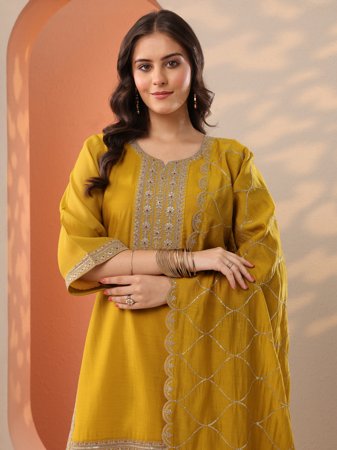  Damini Mustard Embroidered Silk Blend Straight Suit Set With Dupatta 