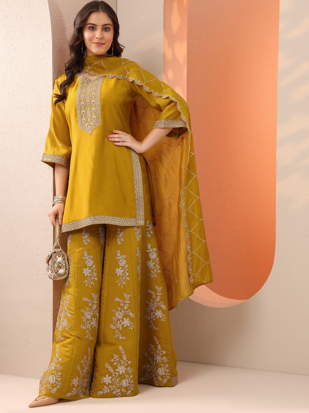  Damini Mustard Embroidered Silk Blend Straight Suit Set With Dupatta 