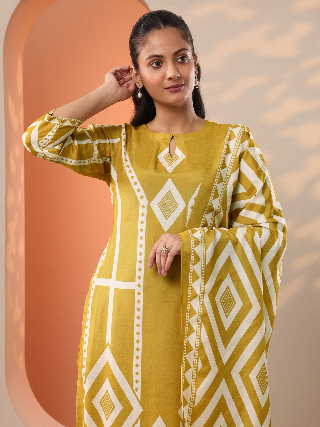  Mustard Printed Silk Blend Straight Suit Set With Dupatta 