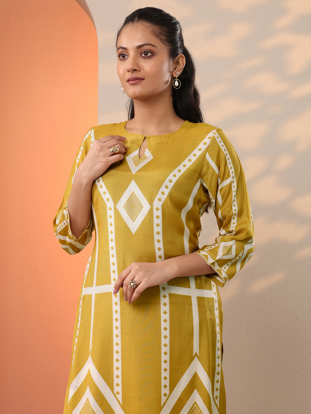  Mustard Printed Silk Blend Straight Suit Set With Dupatta 