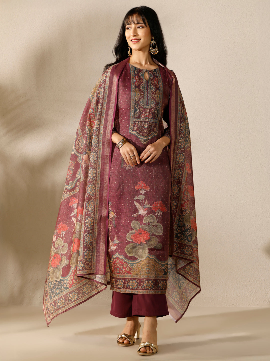 Burgundy Printed Silk Blend Straight Suit Set With Dupatta 