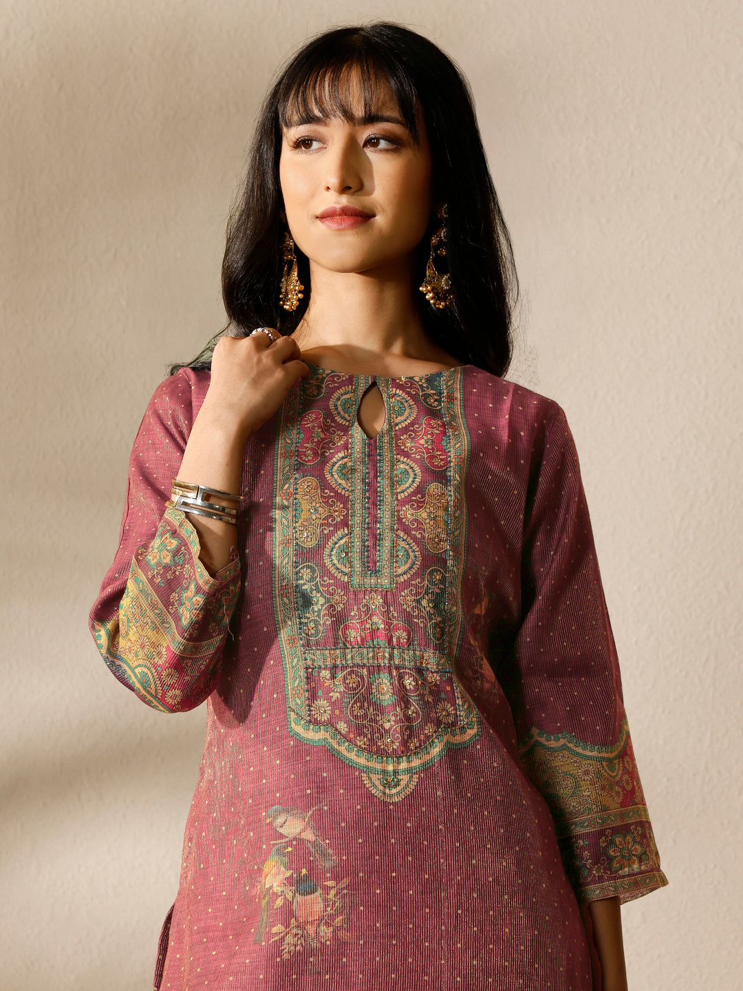  Burgundy Printed Silk Blend Straight Suit Set With Dupatta 