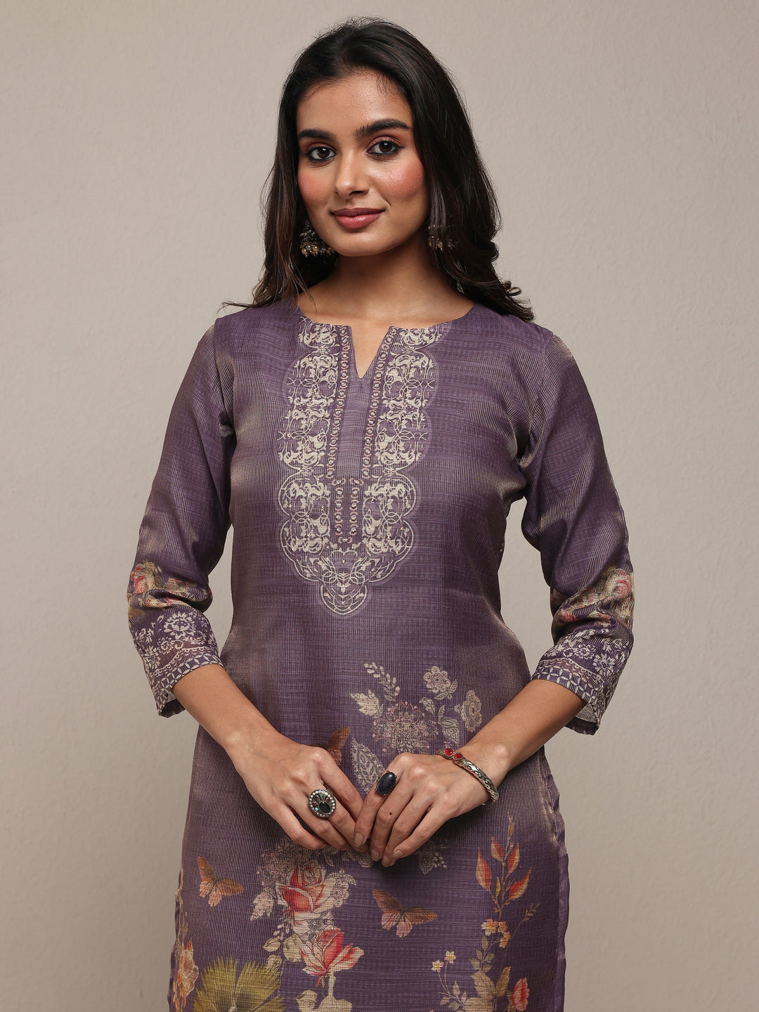  Purple Printed Silk Blend Straight Suit Set With Dupatta 