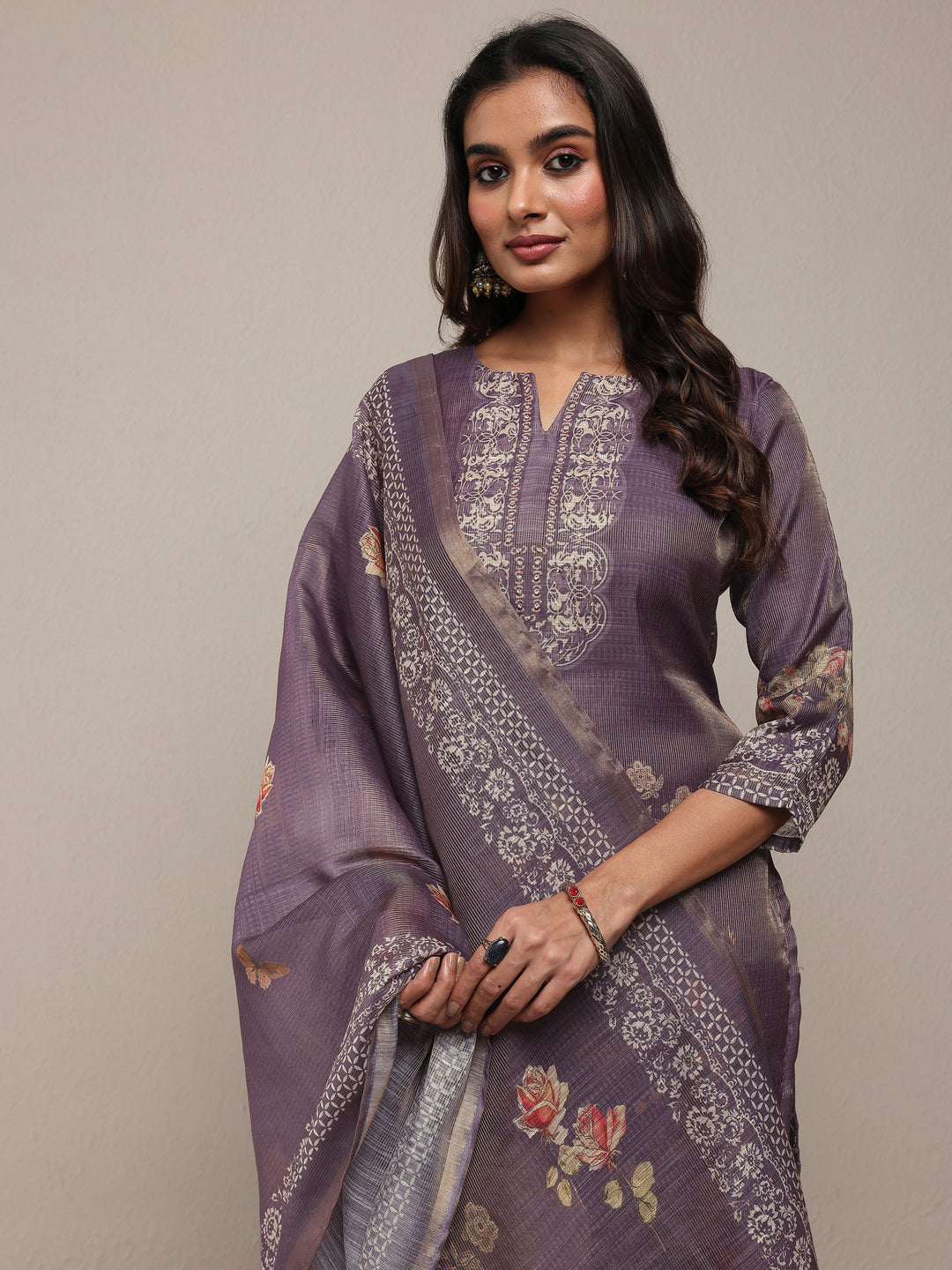  Purple Printed Silk Blend Straight Suit Set With Dupatta 