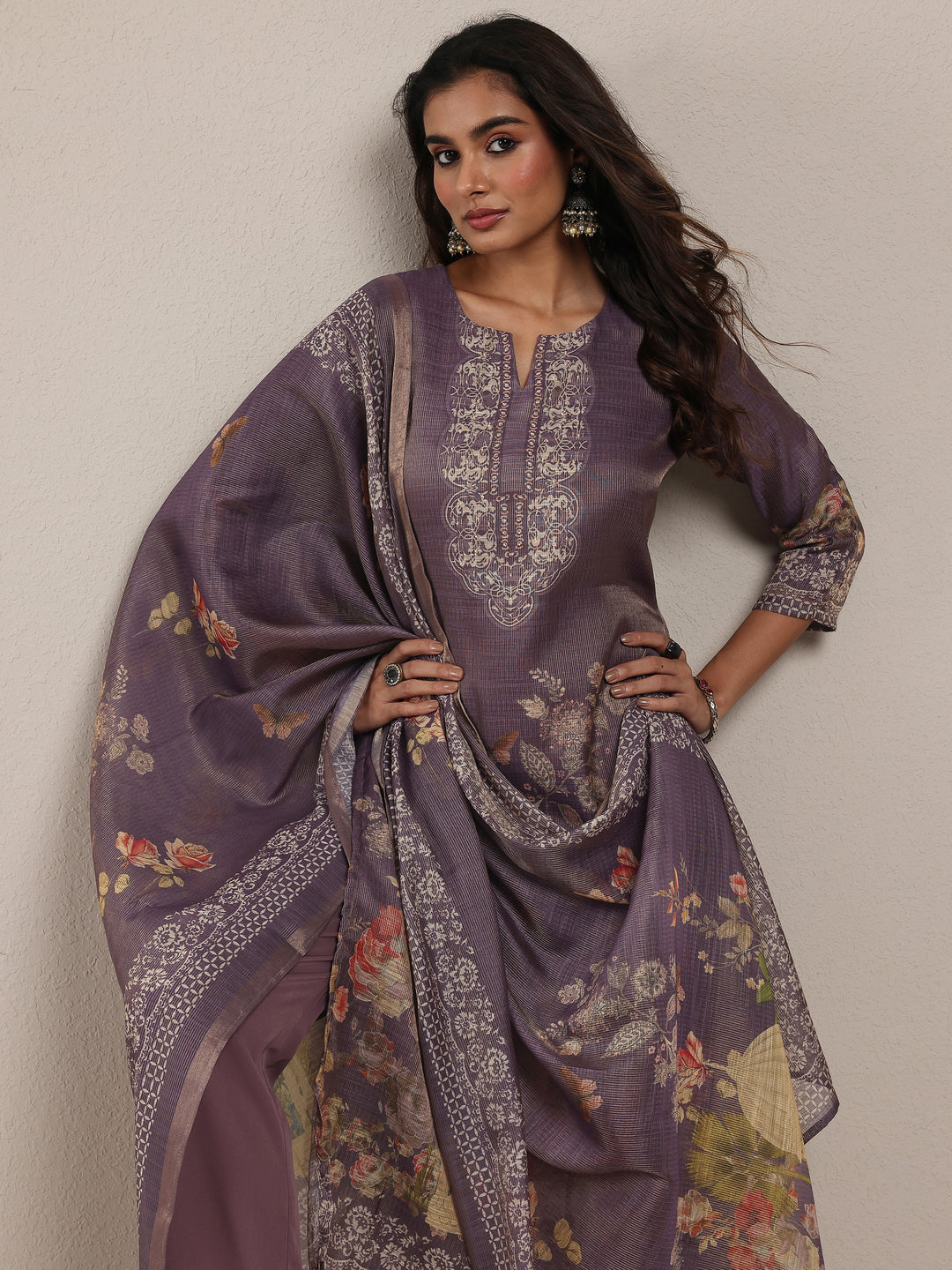  Purple Printed Silk Blend Straight Suit Set With Dupatta 