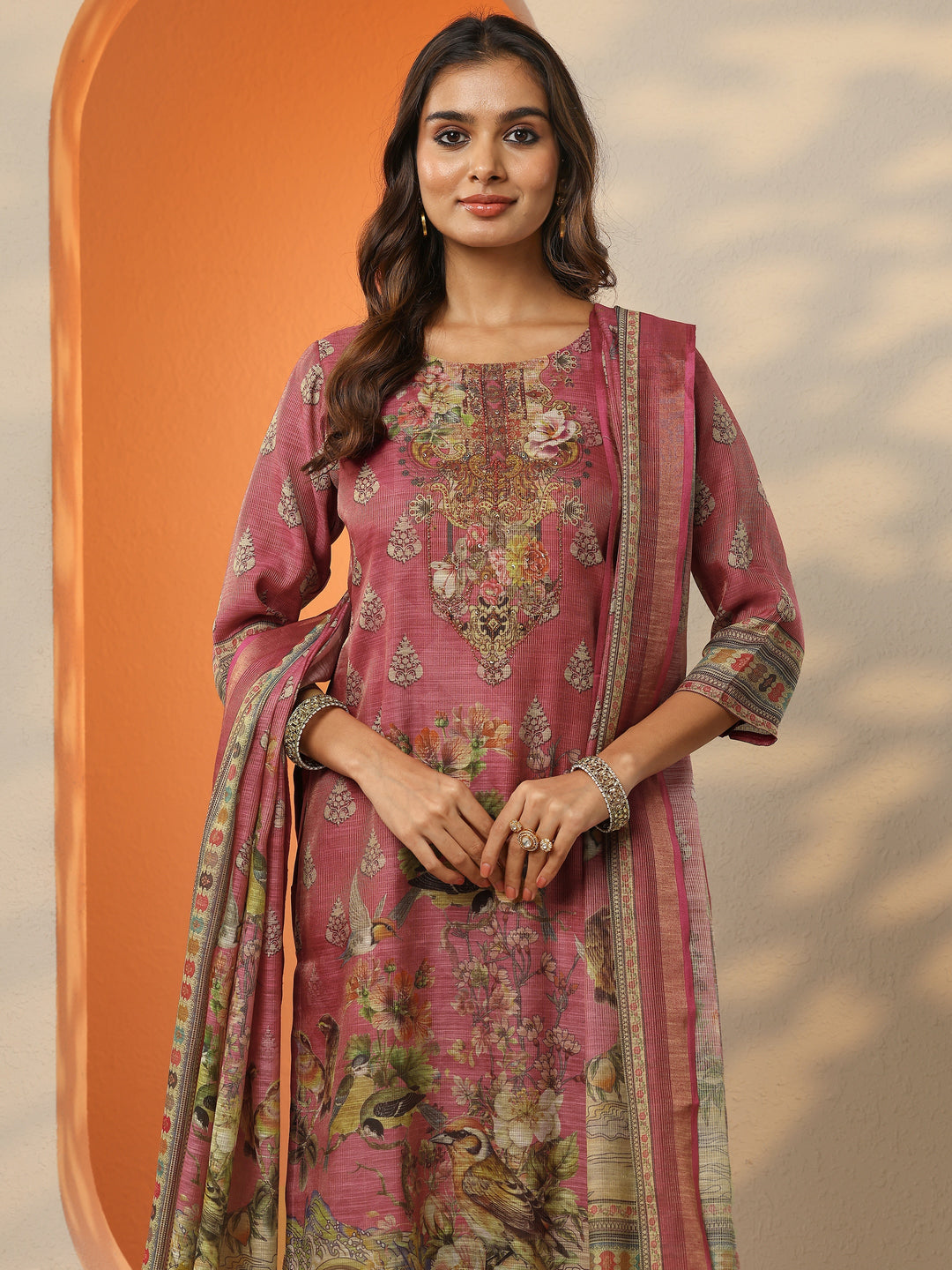 Pink Printed Silk Blend Straight Suit Set With Dupatta 