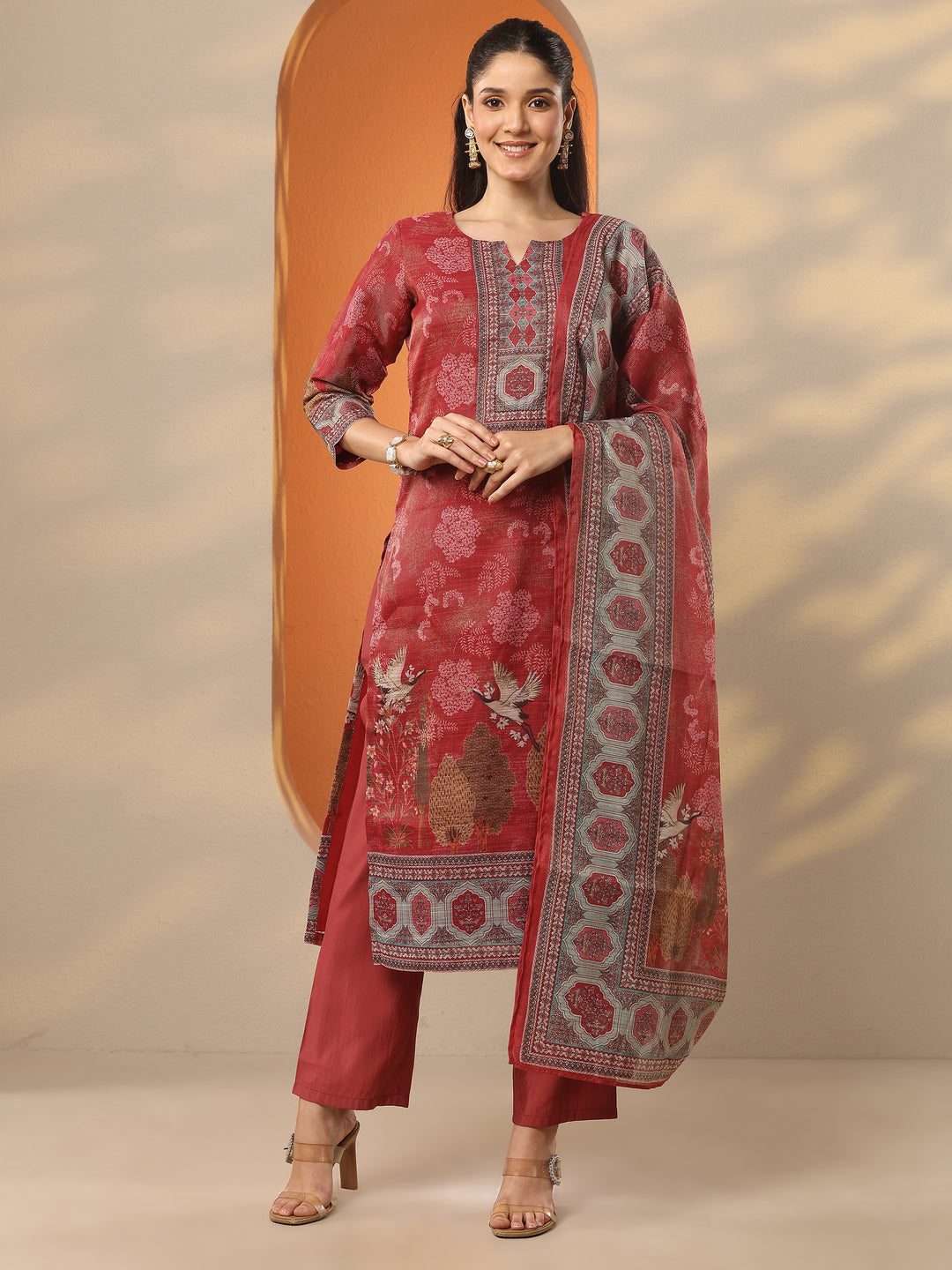  Red Printed Silk Blend Straight Suit Set With Dupatta 