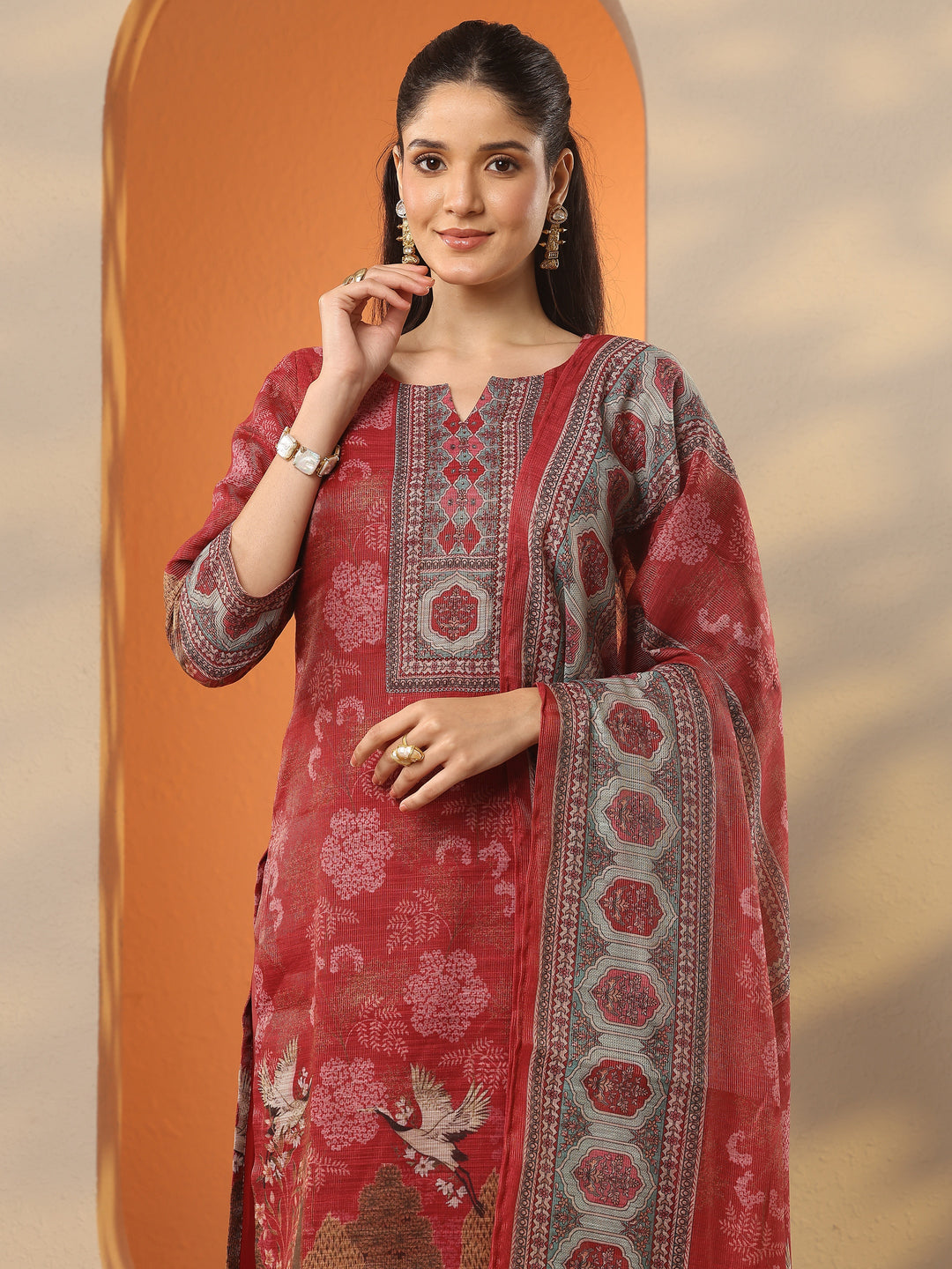  Red Printed Silk Blend Straight Suit Set With Dupatta 