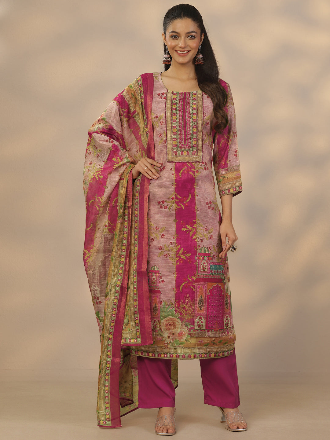  Pink Printed Silk Blend Straight Suit Set With Dupatta 