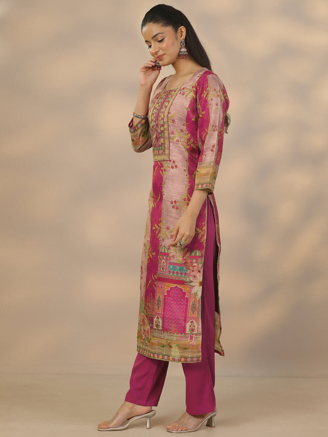  Pink Printed Silk Blend Straight Suit Set With Dupatta 