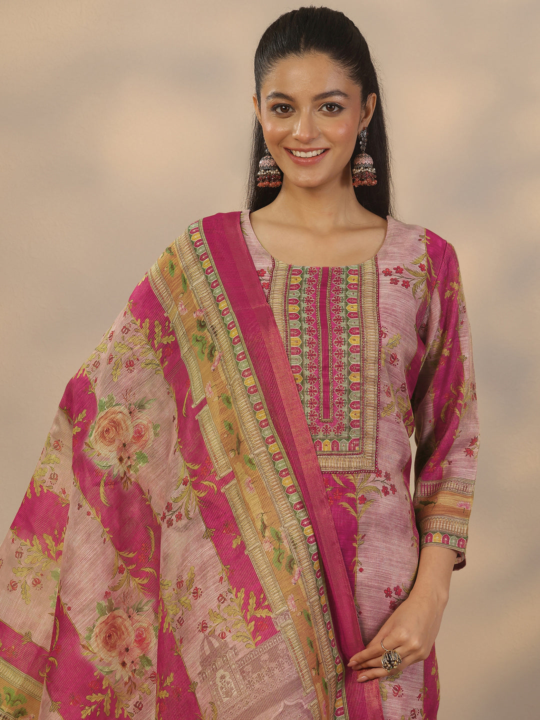  Pink Printed Silk Blend Straight Suit Set With Dupatta 