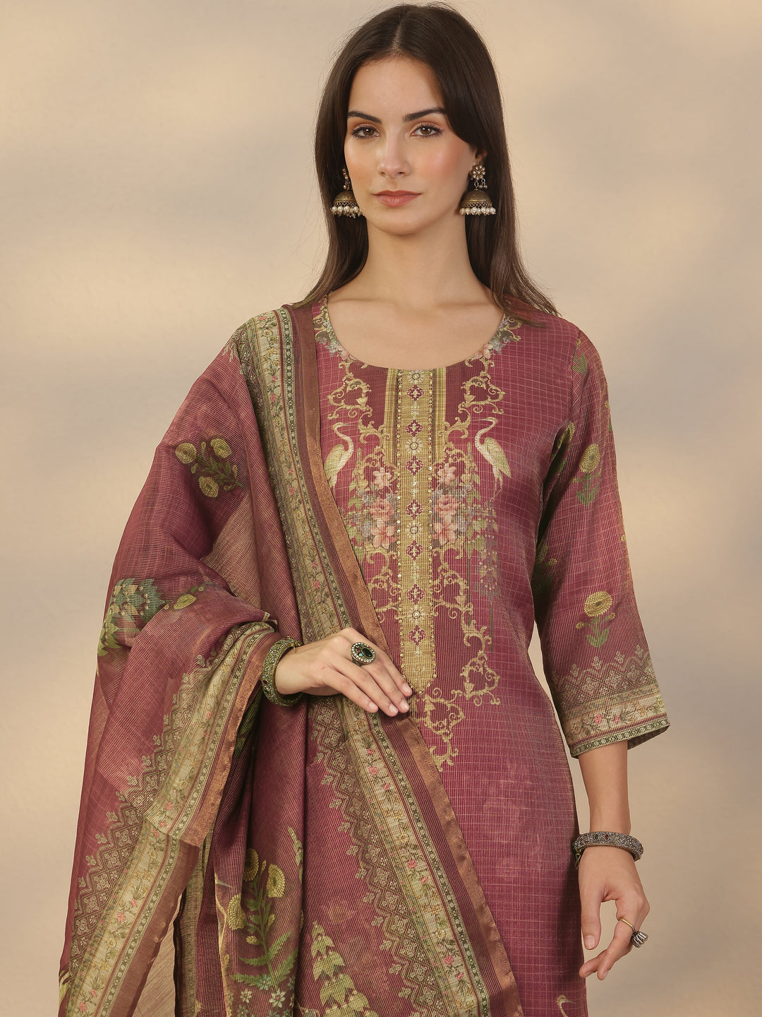  Brown Printed Silk Blend Straight Suit Set With Dupatta 