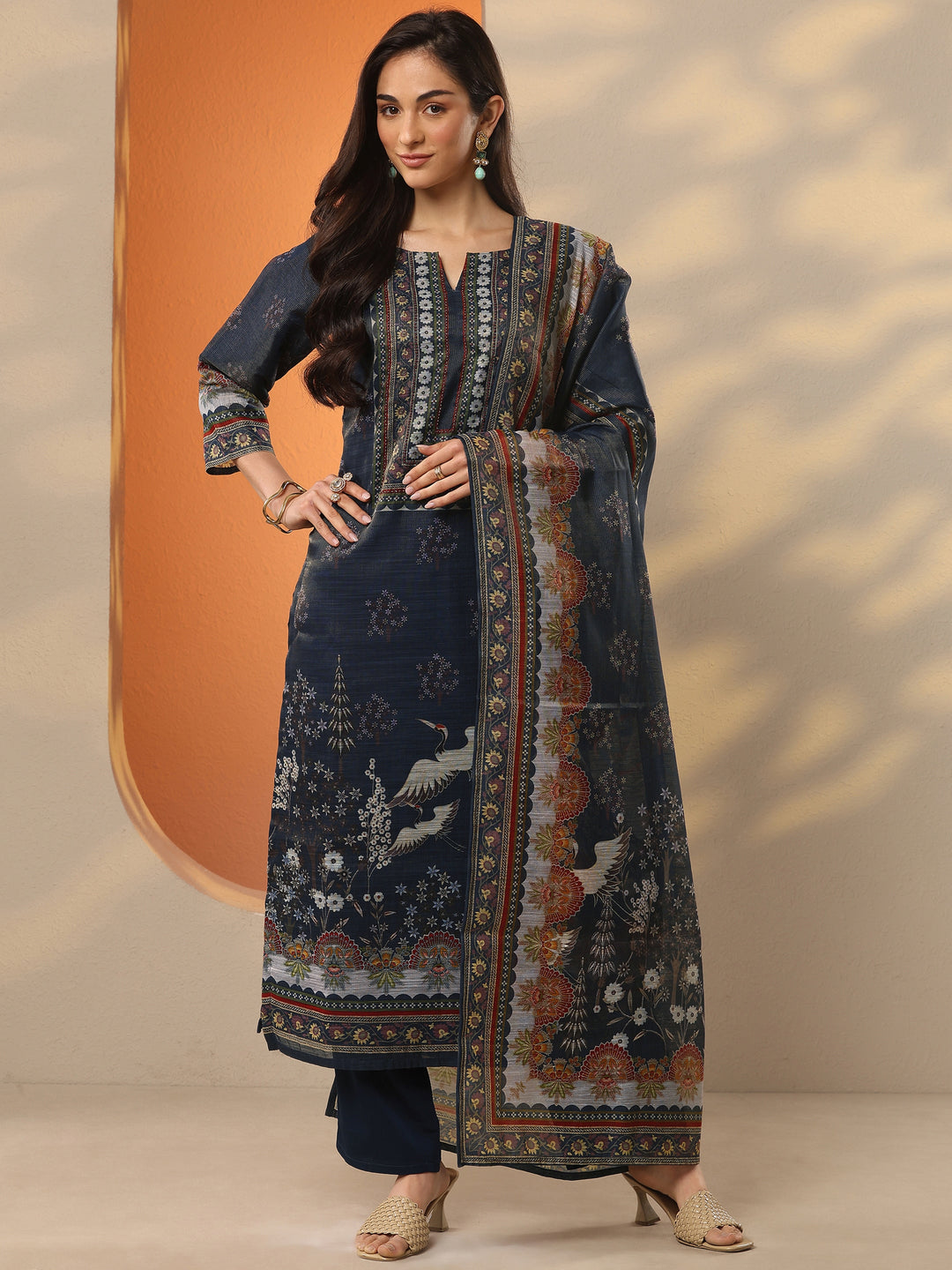  Navy Blue Printed Silk Blend Straight Suit Set With Dupatta 