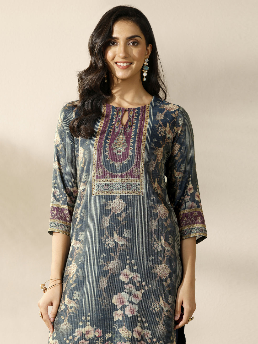  Grey Printed Silk Blend Straight Suit Set With Dupatta 