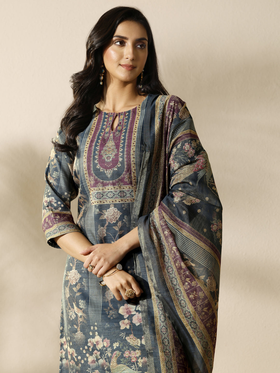  Grey Printed Silk Blend Straight Suit Set With Dupatta 