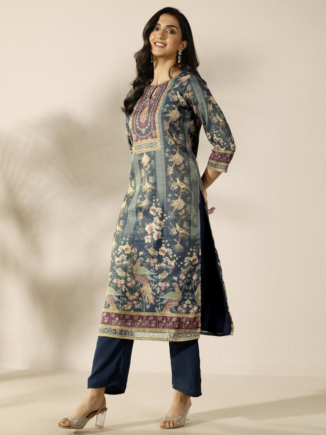  Grey Printed Silk Blend Straight Suit Set With Dupatta 