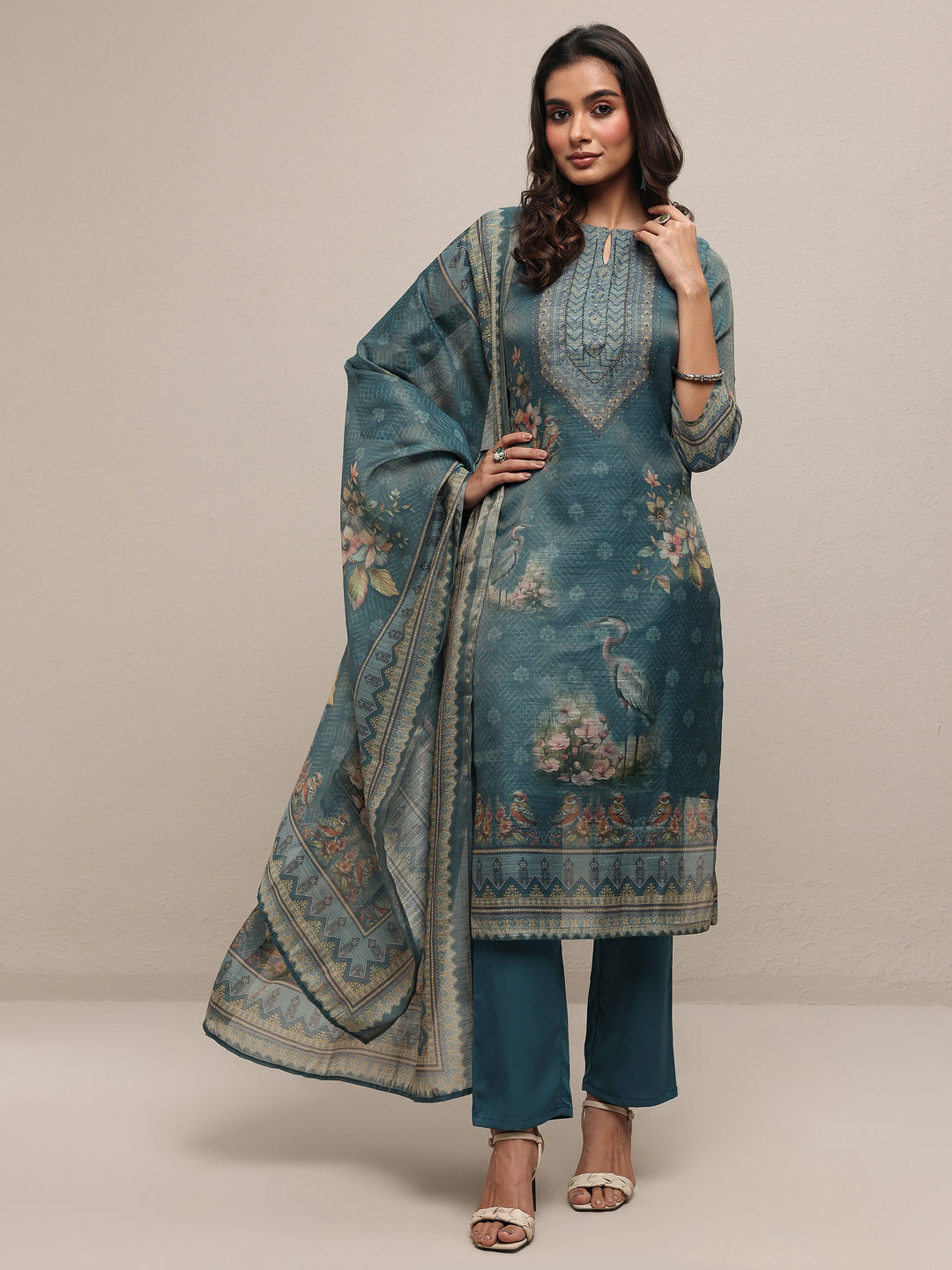  Teal Printed Silk Blend Straight Suit Set With Dupatta 