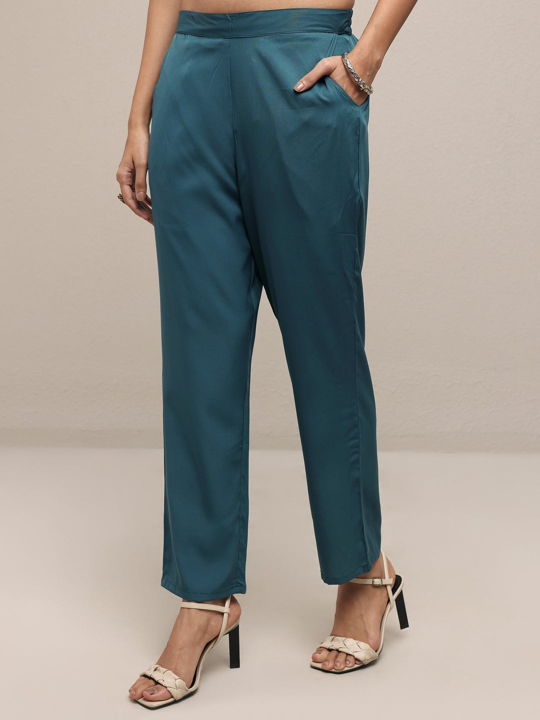  Teal Printed Silk Blend Straight Suit Set With Dupatta 