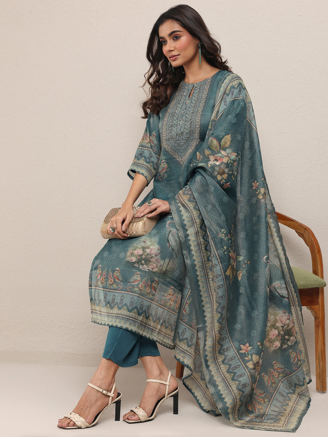  Teal Printed Silk Blend Straight Suit Set With Dupatta 
