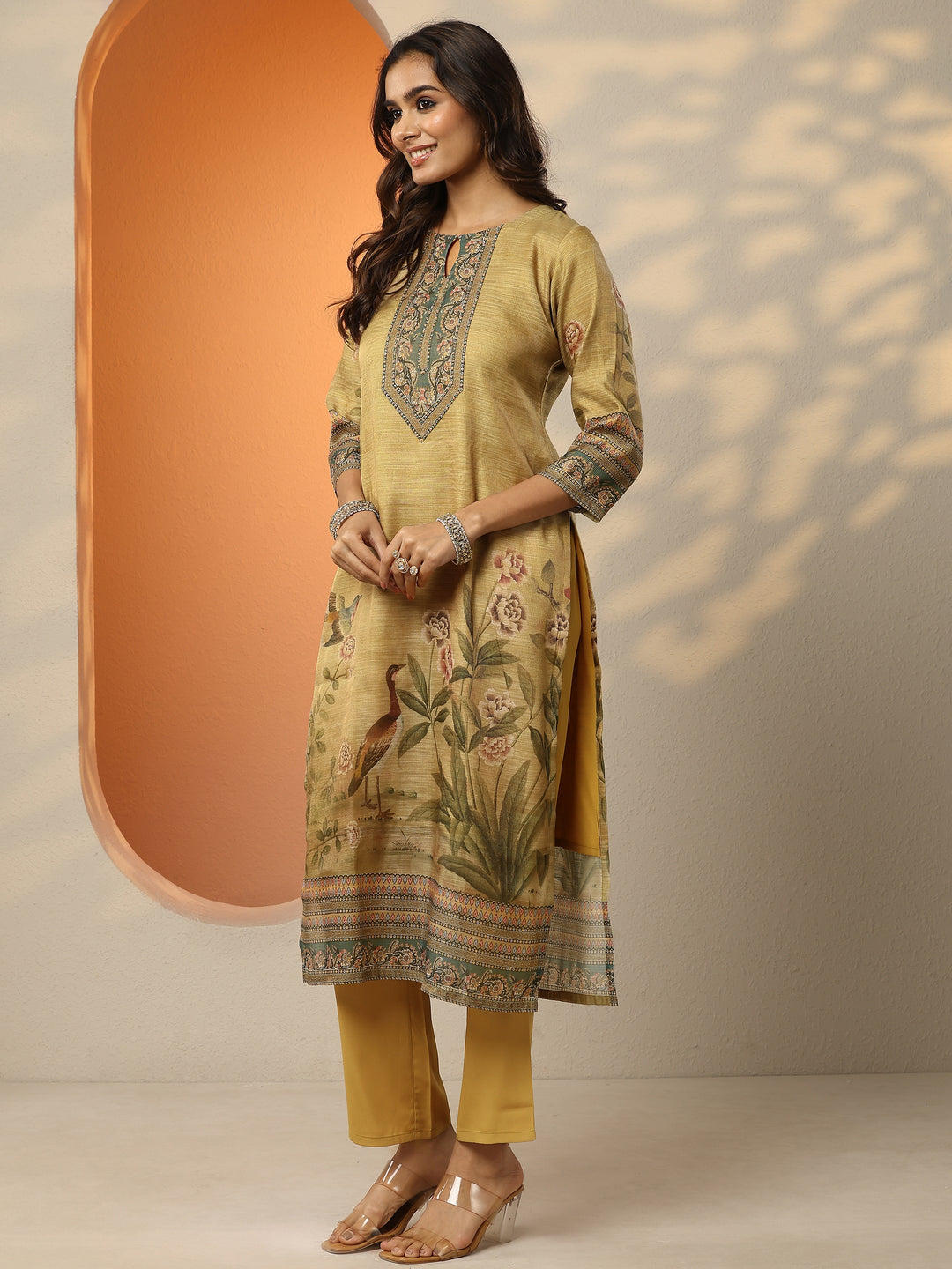  Beige Printed Silk Blend Straight Suit Set With Dupatta 