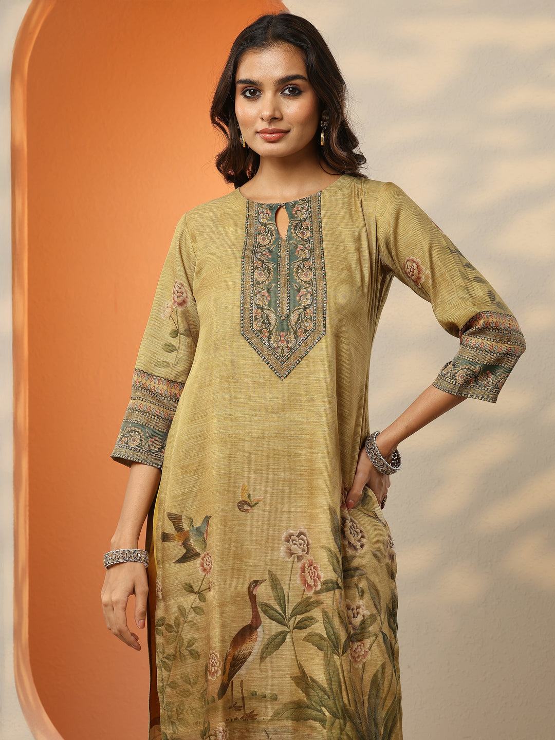 Beige Printed Silk Blend Straight Suit Set With Dupatta 