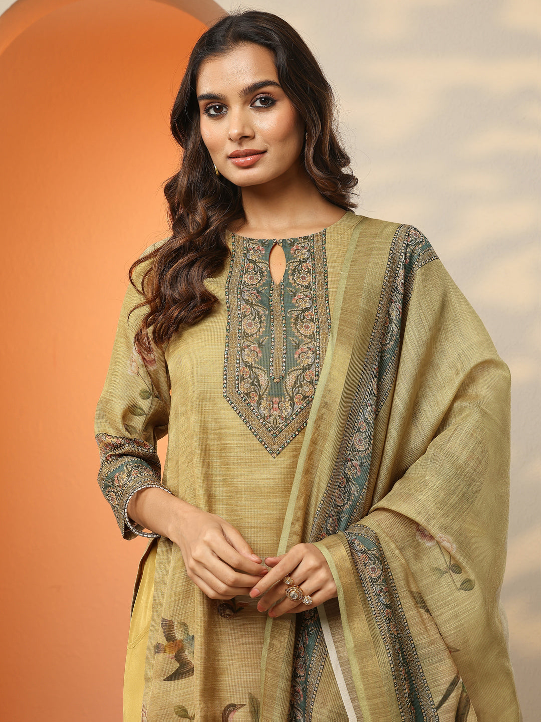  Beige Printed Silk Blend Straight Suit Set With Dupatta 