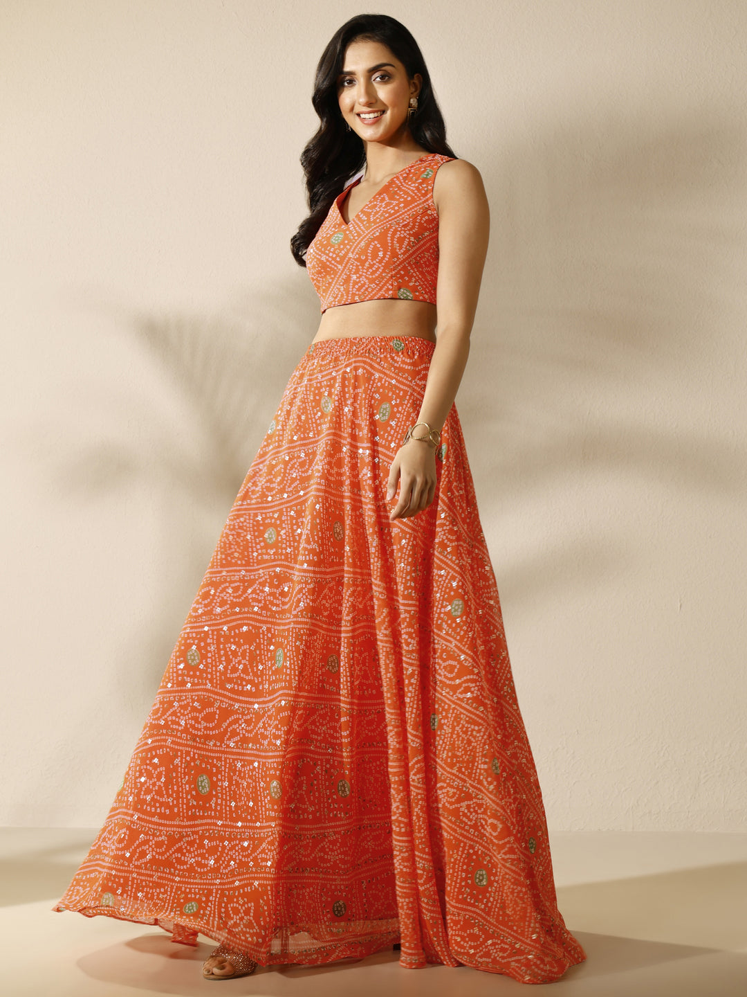  Orange Bandhani Printed Silk Chiffon Lehenga Set 